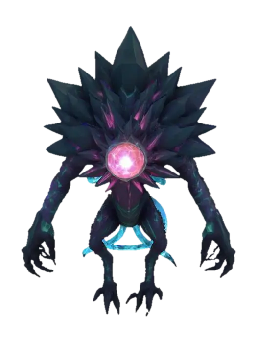 3D model for A 3D stylized enemy creature inspired by living shards. Its body looks like a floating cluster of jagged crystal fragments held together by glowing sinew or energy veins. The core is a pulsing orb of light that emits sparks. Each limb appears as a levitating shard moving independently but coordinated, like it's barely held together. When its health is low, the body begins to crack and rotate erratically before splitting into two smaller, less stable versions. Each clone retains broken pieces of the original, with gaps and asymmetry. Color scheme: obsidian black shards with inner cyan and magenta glow. Movement is jittery and floaty, with light distortion around the core. Looks unstable, like a living explosion waiting to happen.
