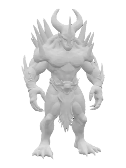 3D model for "Stylized alien-demon hybrid enemy creature for a fantasy sci-fi game, with glowing crystal armor and sharp claws. Bioluminescent eyes and chest, with molten lava-like veins under dark rocky skin. Medium-sized humanoid form with exaggerated proportions, ready for animation. Hand-painted textures, emissive elements, game-ready PBR model. Design inspired by elemental energy and insect-like exoskeletons