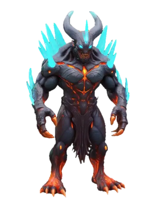 3D model for "Stylized alien-demon hybrid enemy creature for a fantasy sci-fi game, with glowing crystal armor and sharp claws. Bioluminescent eyes and chest, with molten lava-like veins under dark rocky skin. Medium-sized humanoid form with exaggerated proportions, ready for animation. Hand-painted textures, emissive elements, game-ready PBR model. Design inspired by elemental energy and insect-like exoskeletons