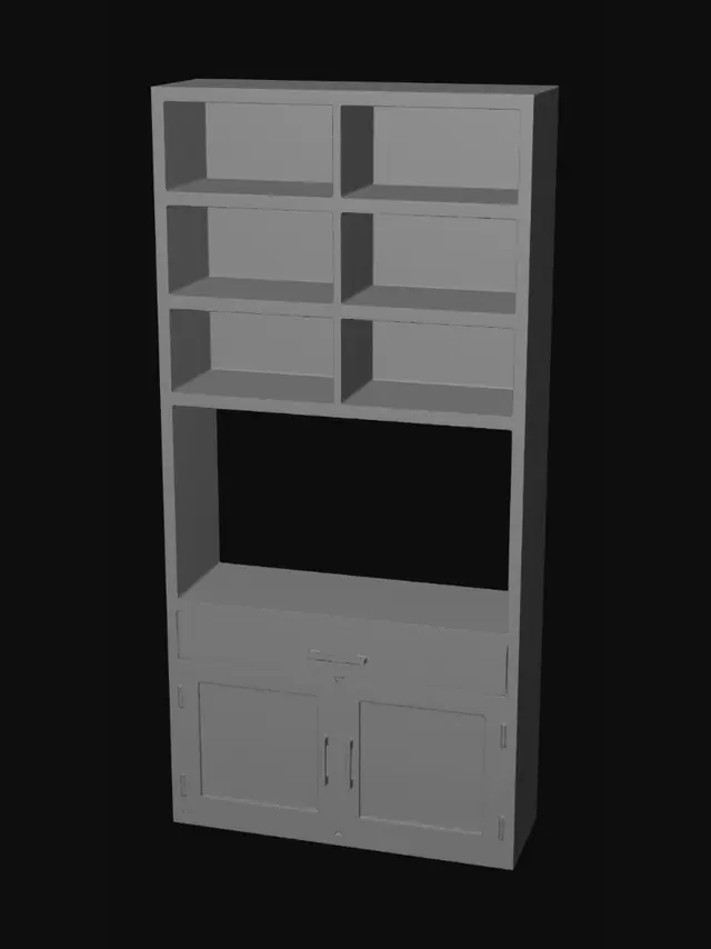 3D model for Tall wooden shelving cabinet with open shelves and lower drawers