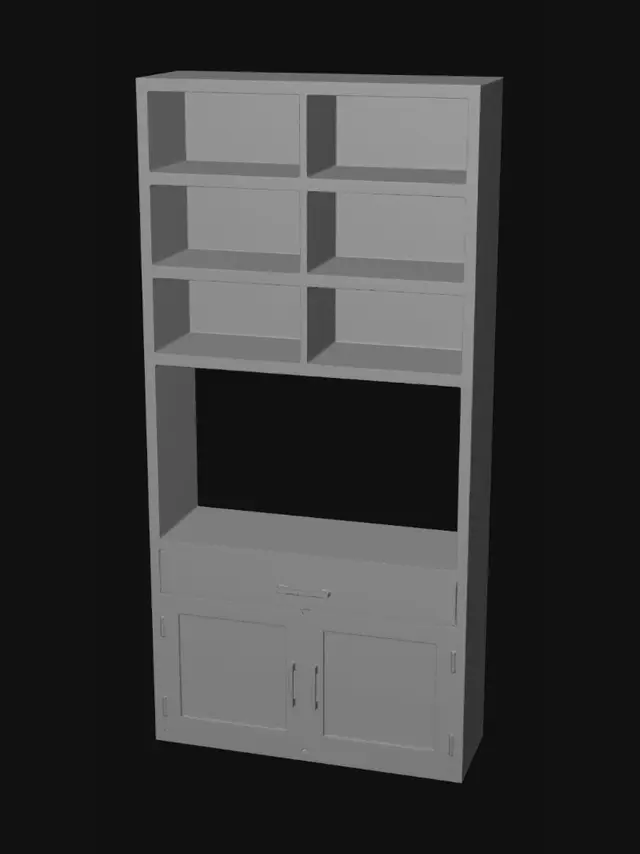 3D model for Tall wooden shelving cabinet with open shelves and lower drawers