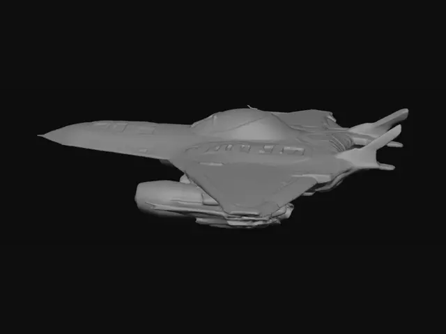 3D model for A fighter space ship with big rocket thrusters and a bubble cockpit with delta wings with a large canon in the nose