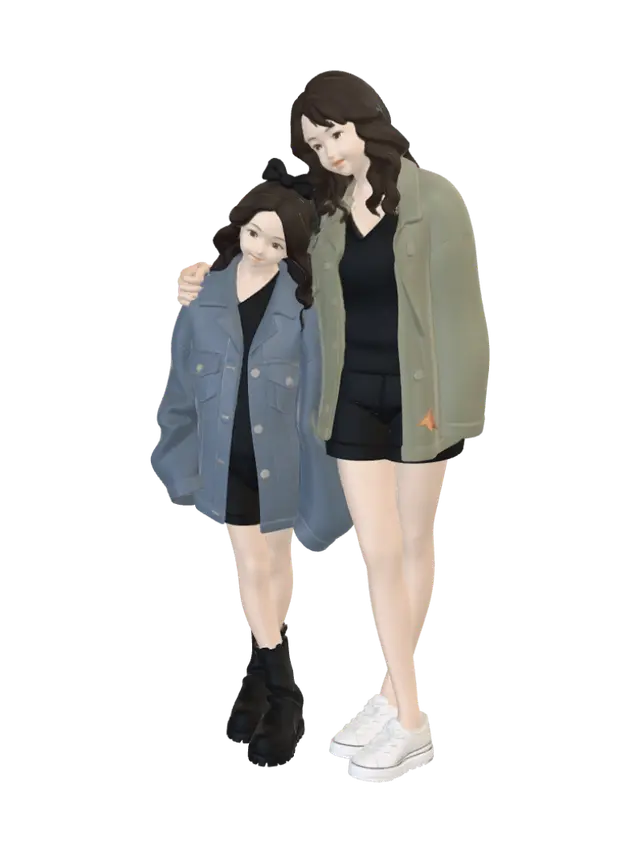 Mother and Daughter in Cozy Jackets 3D model, vytvořený pomocí AI