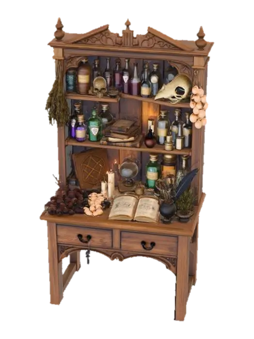 Alchemist's Cabinet - Fantasie 3D model, vytvořený pomocí AI