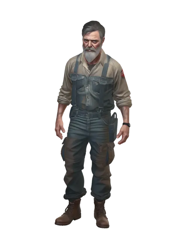 3D model for I need a model of a man who is living as a farmer during a zombie apocolypse. I want his clothes to LOOK like hes a farmer, but not in clean flashy overalls or anything like that, the's dirty, he's grungy, he's killed 1000 zombies with his rake, but his love for farming still hasn't left him. He can't have anything in his hands though please so I can add a weapon from my game 7 days to die eventually!