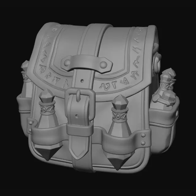 3D model for fairytale, stylized, painterly, alchemy bag. runic leather, closed with a leather belt strap and visible vials. think fable the game style. use attached photo for the vial model