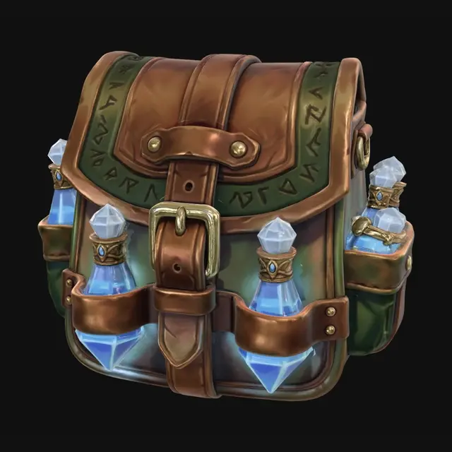 3D model for fairytale, stylized, painterly, alchemy bag. runic leather, closed with a leather belt strap and visible vials. think fable the game style. use attached photo for the vial model