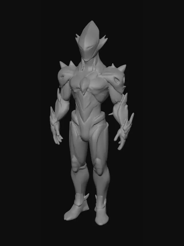 3D model for Humanoid crystal entity made of translucent blue prism glass. Smooth faceless head with glowing eyes. Body partially fragmented with floating crystal shards orbiting around the shoulders, arms, and back. Crystalline armor-like structure with elegant proportions. Futuristic sci-fi design inspired by holographic technology and alien energy. Standing upright in a neutral pose. Clean silhouette, game-ready character, highly detailed hard-surface crystal materials.

Do not generate background, floor, environment, platform, UI screens, cables, room elements, or props. Character only.