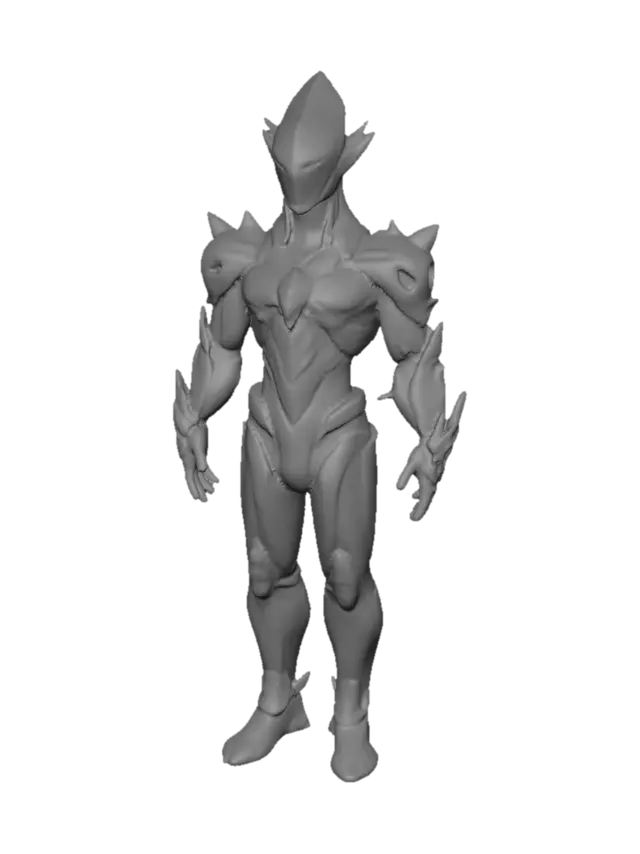 3D model for Humanoid crystal entity made of translucent blue prism glass. Smooth faceless head with glowing eyes. Body partially fragmented with floating crystal shards orbiting around the shoulders, arms, and back. Crystalline armor-like structure with elegant proportions. Futuristic sci-fi design inspired by holographic technology and alien energy. Standing upright in a neutral pose. Clean silhouette, game-ready character, highly detailed hard-surface crystal materials.

Do not generate background, floor, environment, platform, UI screens, cables, room elements, or props. Character only.