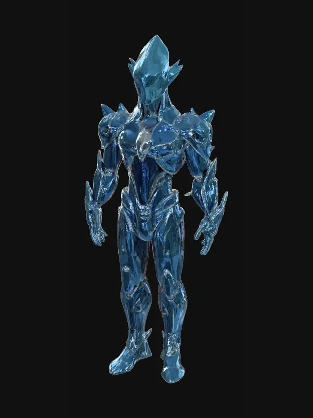3D model for Humanoid crystal entity made of translucent blue prism glass. Smooth faceless head with glowing eyes. Body partially fragmented with floating crystal shards orbiting around the shoulders, arms, and back. Crystalline armor-like structure with elegant proportions. Futuristic sci-fi design inspired by holographic technology and alien energy. Standing upright in a neutral pose. Clean silhouette, game-ready character, highly detailed hard-surface crystal materials.

Do not generate background, floor, environment, platform, UI screens, cables, room elements, or props. Character only.