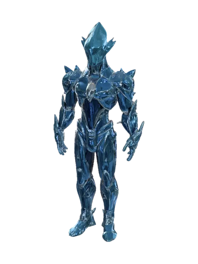 3D model for Humanoid crystal entity made of translucent blue prism glass. Smooth faceless head with glowing eyes. Body partially fragmented with floating crystal shards orbiting around the shoulders, arms, and back. Crystalline armor-like structure with elegant proportions. Futuristic sci-fi design inspired by holographic technology and alien energy. Standing upright in a neutral pose. Clean silhouette, game-ready character, highly detailed hard-surface crystal materials.

Do not generate background, floor, environment, platform, UI screens, cables, room elements, or props. Character only.