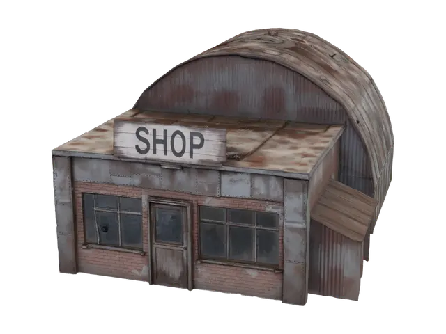 3D model for Это магазин немного потрепаный для постапок сеттинга тоесть это здание но он не должен быть заброшешенный это типо рядомм еще ангар должен быть и вывеска SHOP