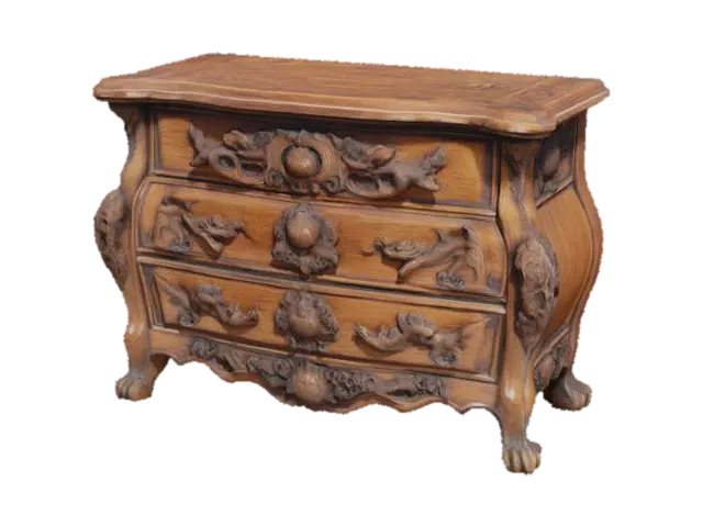 An artistic wooden commode with detailled carved dragon head decorations and… 3D model, vytvořený pomocí AI