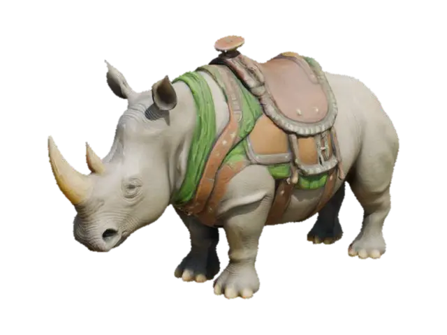 A grey rhinoceros with heavy mount armor on its back, and a leather saddle with green… 3D model, vytvořený pomocí AI