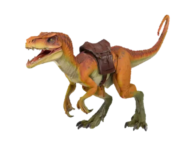 A realistic raptorlike dinosaur mount. Equipped with a leatherseat for a rider on its… 3D model, vytvořený pomocí AI