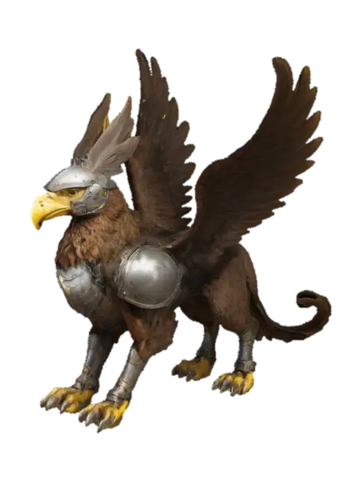 A griffin, feathered mane, sharp beak, clawed feet, feathered wings. Wearing a helmet,… 3D model, vytvořený pomocí AI