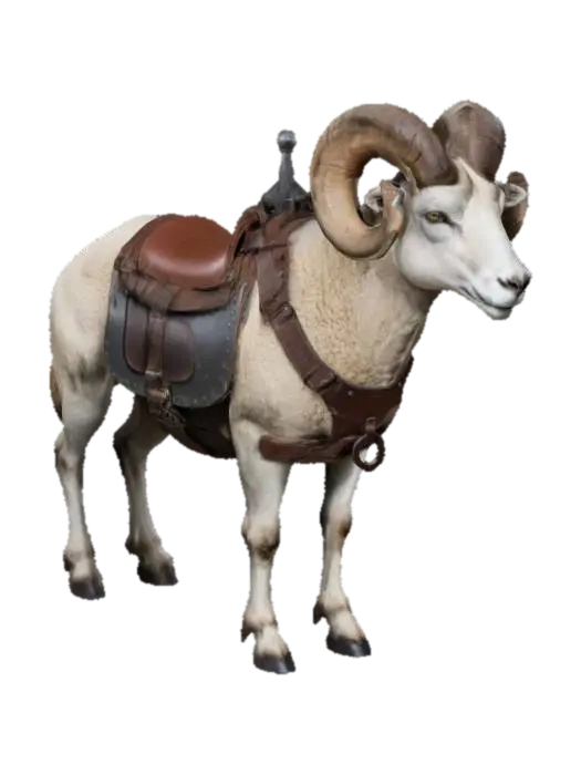 A sturdy ram, equipped with an ironplate-mount-armor with leatherseat for a rider on… 3D model, vytvořený pomocí AI