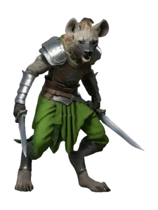 A humanoid hyena medieval fantasy charakter. Digitigrade feet. Wearing tight pants… - Gnoll 3D model, vytvořený pomocí AI