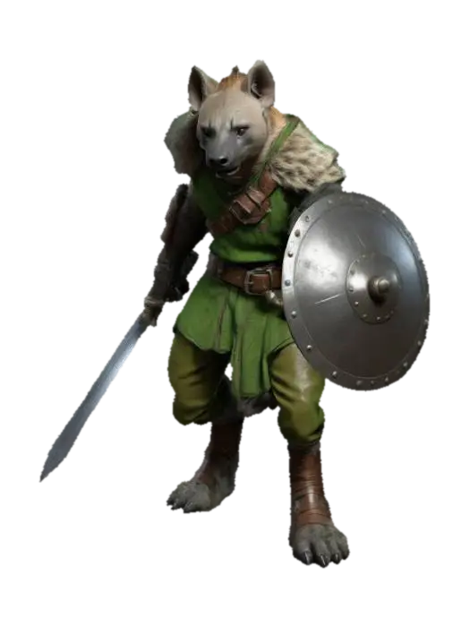 A humanoid hyena medieval fantasy charakter. Digitigrade feet. Wearing tight pants… - Gnoll 3D model, vytvořený pomocí AI