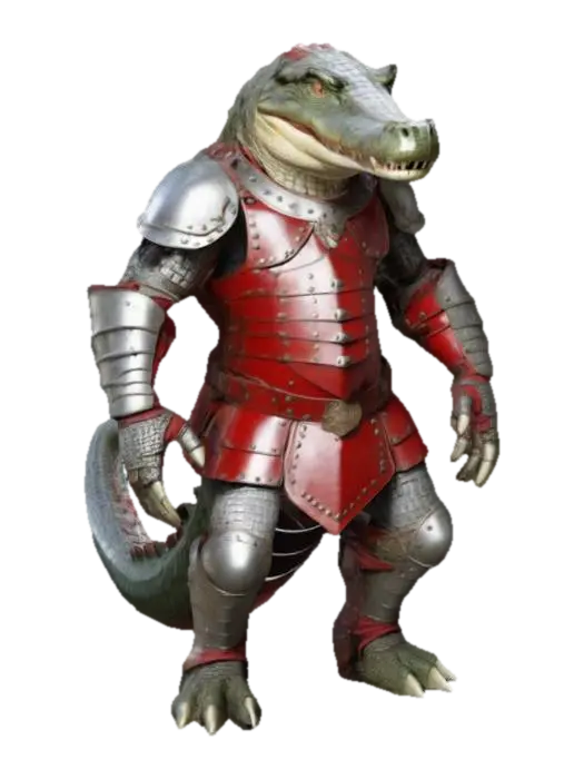 A humanoid crocodile, wearing full iron armor with breastplate, bracers, leg… 3D model, vytvořený pomocí AI