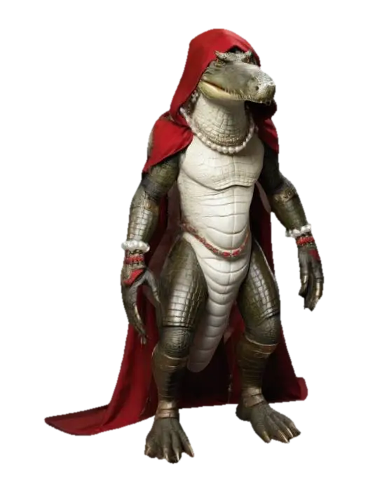 A humanoid crocodile, wearing a cloak with hood, a pearl necklace and pearl… - Cloaked 3D model, vytvořený pomocí AI