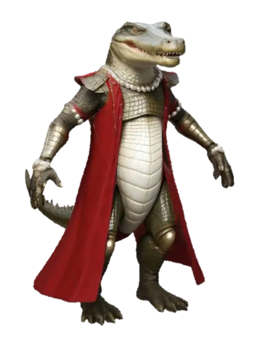 A humanoid crocodile, wearing bracers, leg braces, shoulderplates, a cloak, a peal… - Cloaked 3D model, vytvořený pomocí AI