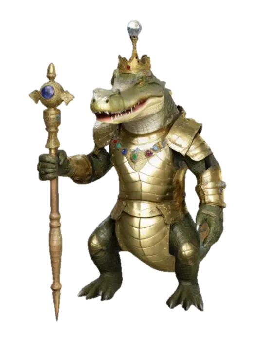 A humanoid crocodile, wearing a brass breastplate, decorative bracers, a jeweled… 3D model, vytvořený pomocí AI