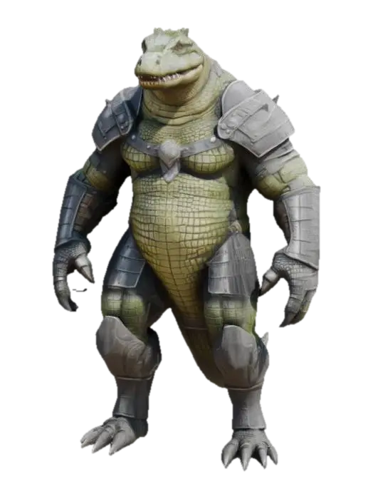 A humanoid crocodile, wearing a heavy iron cuirass, iron bracers, iron leg… 3D model, vytvořený pomocí AI