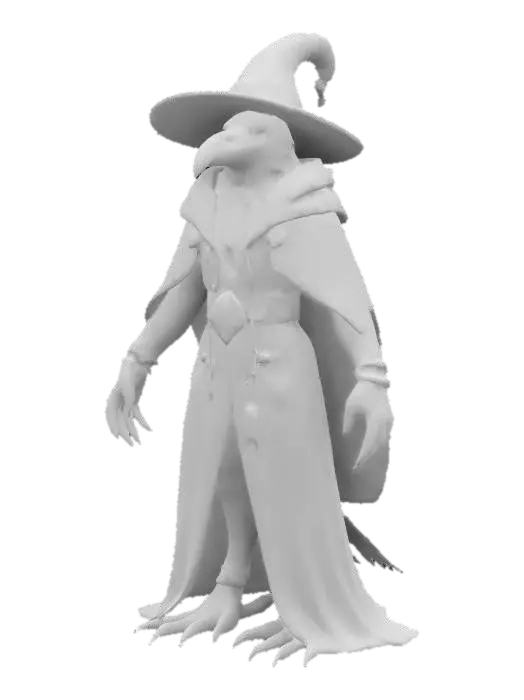 3D model for An anthropomorphic raven wizard, wearing classical wizard attire of a highly decorated red magician robe with long sleeves and a pointed hat. The end of the sleeves are decorated with darkblue gems.