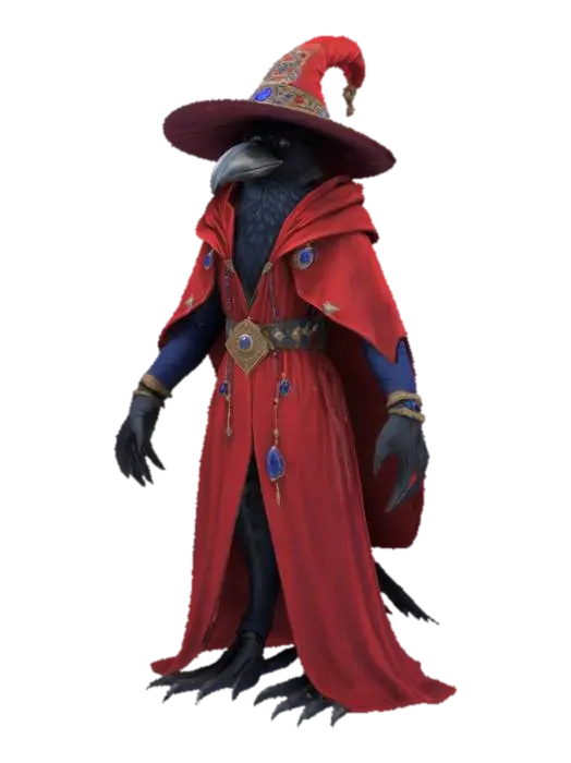 3D model for An anthropomorphic raven wizard, wearing classical wizard attire of a highly decorated red magician robe with long sleeves and a pointed hat. The end of the sleeves are decorated with darkblue gems.
