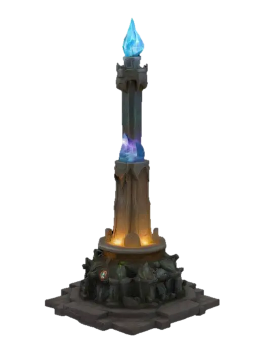 A large magical pylon with a big round base of artistic sculpted stone, holdig a… - Crystal 3D model, vytvořený pomocí AI