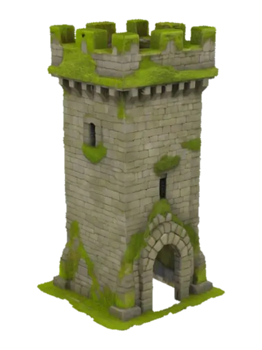 An ancient mosscovered solid rectangular shaped watchtower. Sculpted from massive… - Mossy 3D model, vytvořený pomocí AI
