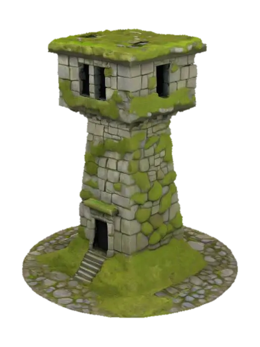 An ancient mosscovered solid rectangular shaped watchtower. Sculpted from massive… - Mossy 3D model, vytvořený pomocí AI