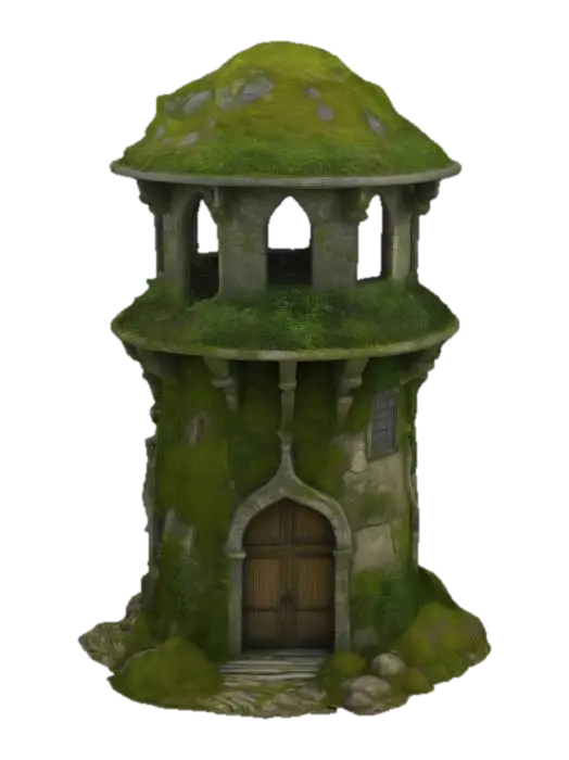 An old overgrown and mosscovered solid round shaped arcane watchtower. Sculpted… 3D model, vytvořený pomocí AI