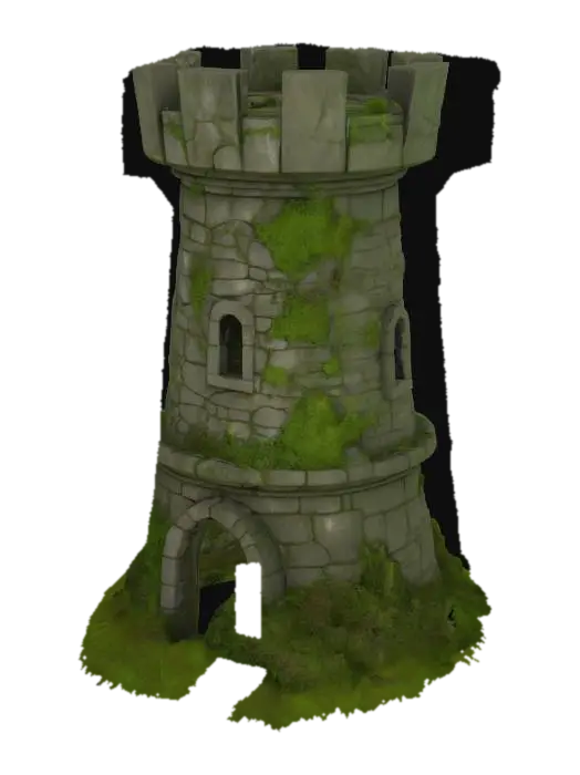 An old overgrown and mosscovered solid round shaped arcane watchtower. Sculpted from… - Mossy 3D model, vytvořený pomocí AI