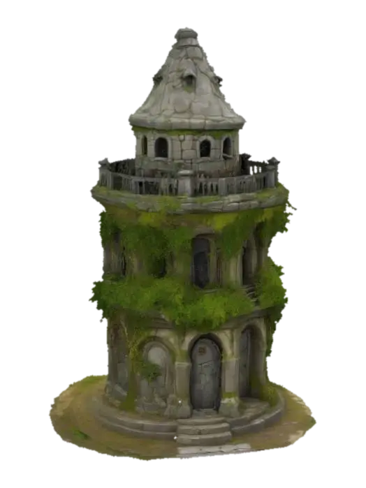 An old overgrown solid round shaped arcane watchtower. Sculpted from massive… 3D model, vytvořený pomocí AI