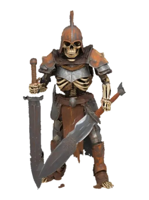 A skeleton Warrior. Wearing rusty full plate iron armor and a rusty iron helmet.… - Swords 3D model, vytvořený pomocí AI