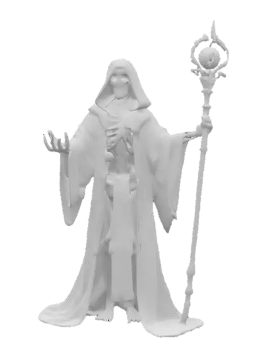 3D model for A skeleton Mage. Wearing a magician robe. Wielding a silver staff with a jewel at its head part