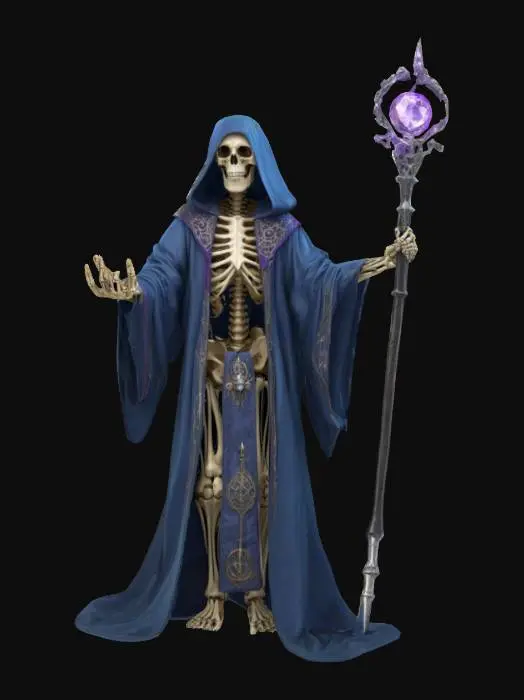 3D model for A skeleton Mage. Wearing a magician robe. Wielding a silver staff with a jewel at its head part