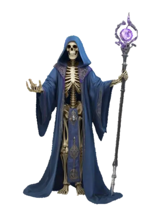 3D model for A skeleton Mage. Wearing a magician robe. Wielding a silver staff with a jewel at its head part