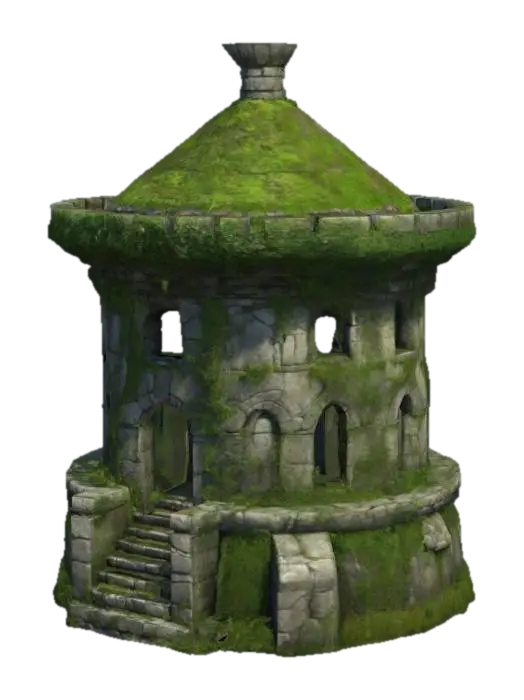 An old overgrown and mosscovered solid round shaped arcane watchtower. Sculpted… 3D model, vytvořený pomocí AI
