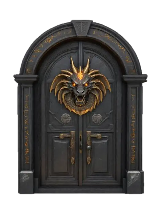 An ancient polished dark granite door with a big round sigil. The sigil has a… 3D model, vytvořený pomocí AI