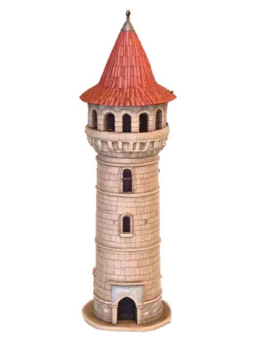 A tall stone watchtower, cylinder shaped construction, pointed roof with red-brown… 3D model, vytvořený pomocí AI