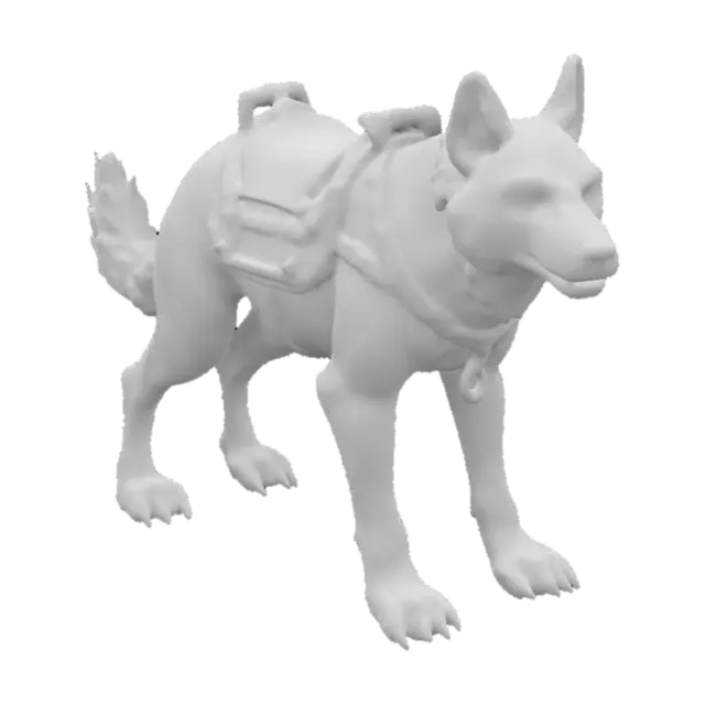 3D model for A sturdy quadroupedal canine like predator with slight features of bear anatomy. Equipped with a leatherseat for a rider on its back; the leatherseat is attahed with a single leatherbelt around the body of the animal. Base pose, stylized