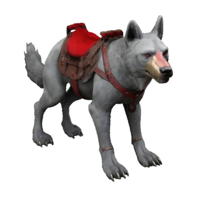 3D model for A sturdy quadroupedal canine like predator with slight features of bear anatomy. Equipped with a leatherseat for a rider on its back; the leatherseat is attahed with a single leatherbelt around the body of the animal. Base pose, stylized