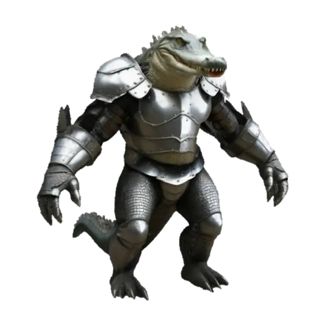 A humanoid crocodile, wearing a heavy iron cuirass, iron bracers, iron leg… 3D model, vytvořený pomocí AI