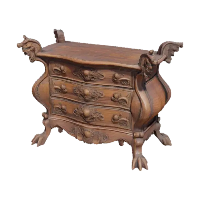 An artistic wooden commode with detailled carved dragon head decorations and… 3D model, vytvořený pomocí AI