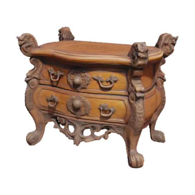 An artistic wooden commode with detailled carved dragon head decorations and… 3D model, vytvořený pomocí AI