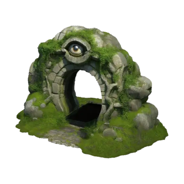 3D model for An old overgrown and mosscovered entrance to a dungeon. Sculpted from massive stone with a big carved eye over its entrance