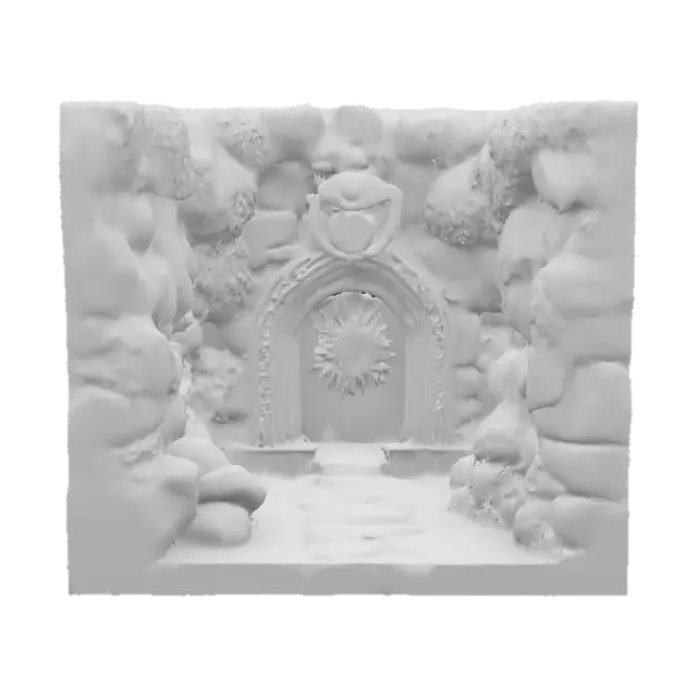 3D model for An old overgrown and mosscovered entrance to a dungeon. Sculpted from massive stone with a big carved eye over its entrance
